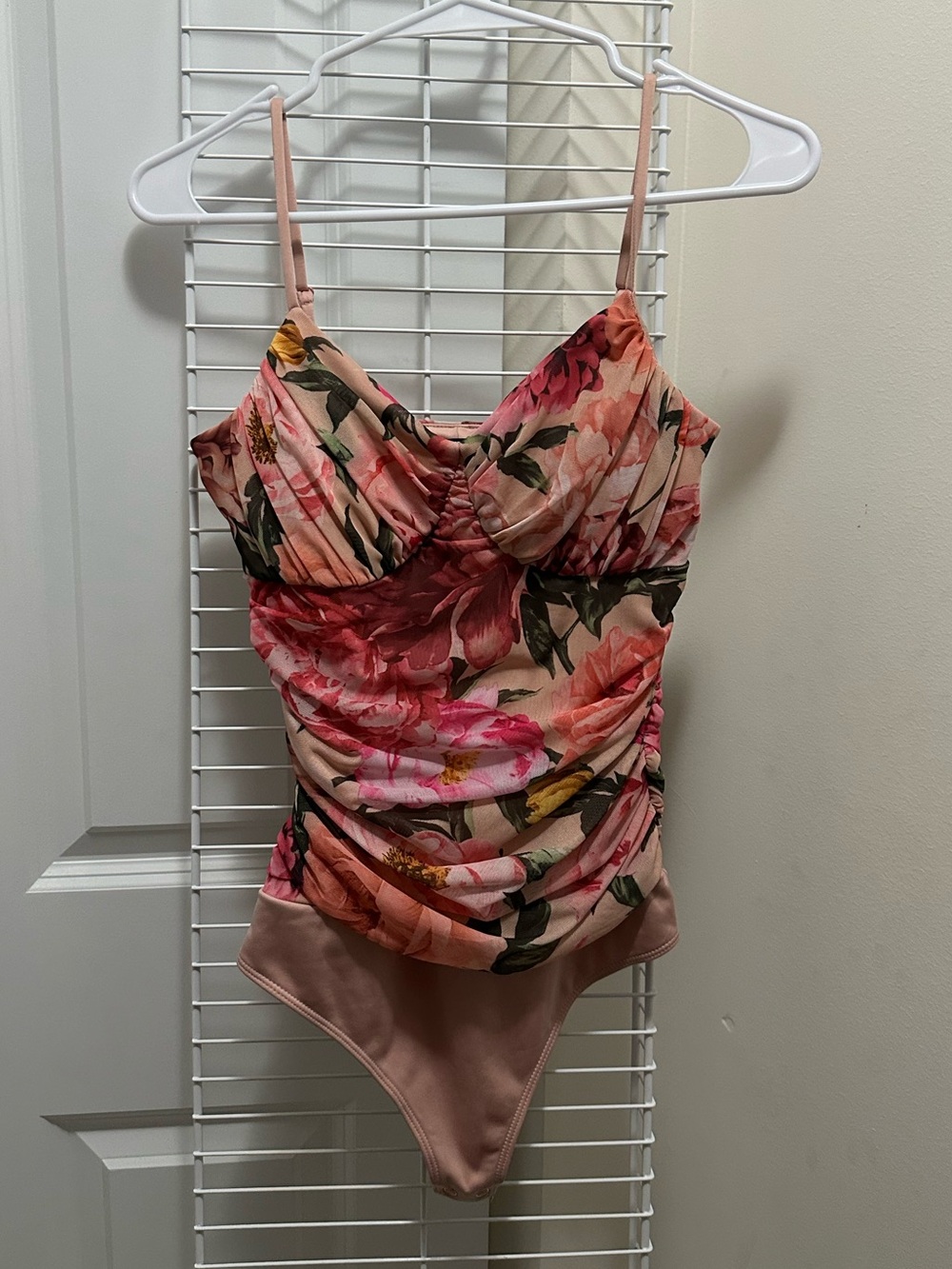 Express Pink Floral Ruched Bodysuit (padded)